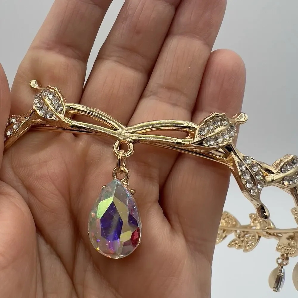 Gold Elf Fairy Tiara with Iridescent Gem & 4 Elf Ears Halloween Cosplay Princess - Picture 4 of 12